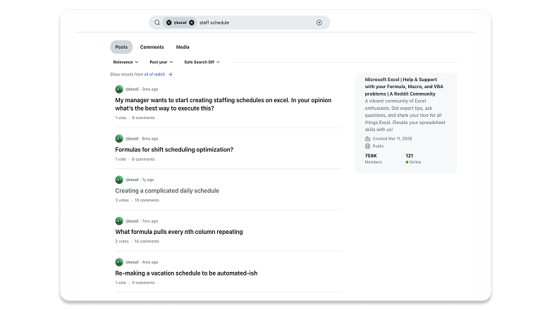 reddit screen cap of searching r slash excel for staff scedule